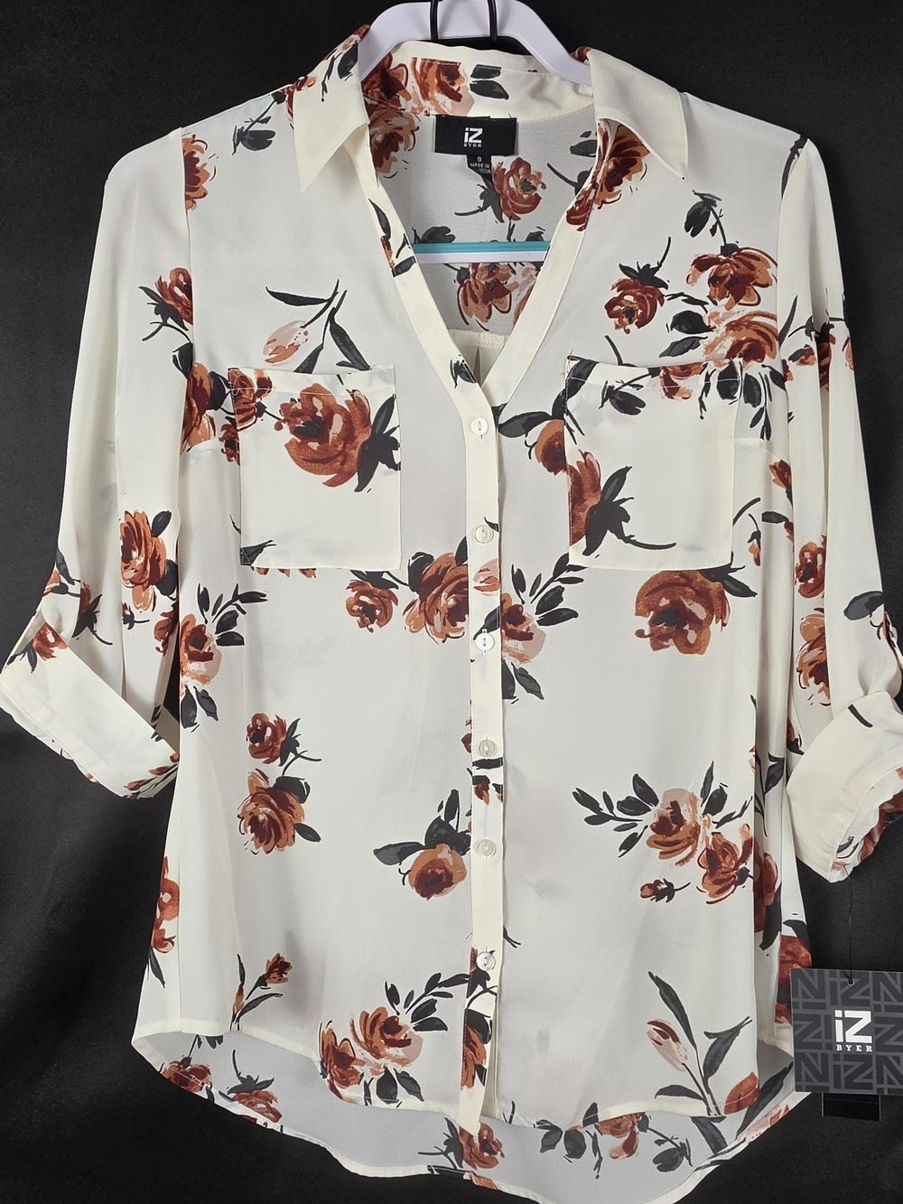 iZ Byer Boho Floral Roll-Tab Sleeve Blouse